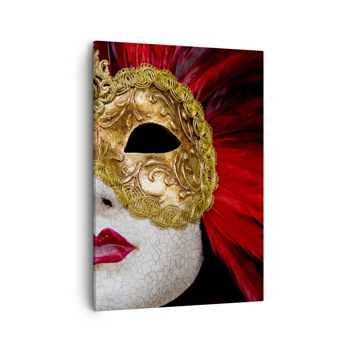 Bild auf Leinwand - Leinwandbild - Goldene venezianische Maske mit roten Federn - 50x70cm - Das Versprechen eines Karnevalsabenteuers - Moderne Wanddekoration für Wohnzimmer und Schlafzimmer ARTTOR