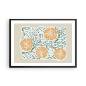 Poster in einem schwarzem Rahmen - Ein minimalistisches orangefarbenes Motiv mit grünen Blättern - 70x50cm - Ethnisch mit einem Hauch von Abstraktion - Moderne Wanddekoration für Wohnzimmer und Schlafzimmer ARTTOR