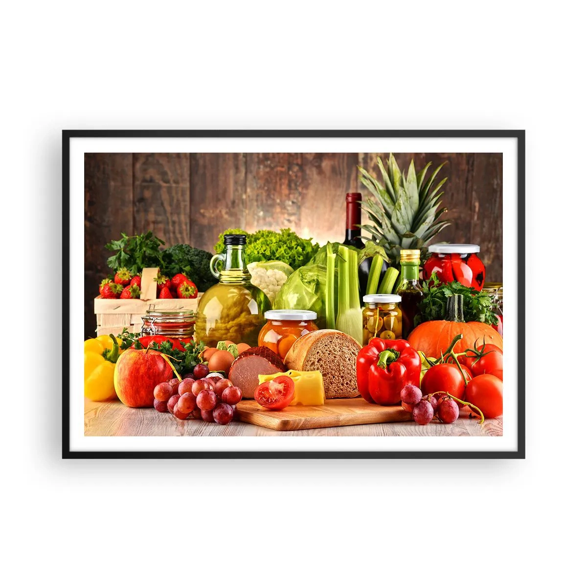 Poster in einem schwarzem Rahmen - Buntes Obst, Gemüse und Lebensmittel - 100x70cm - Geräuchert, gebacken und eingelegt - Moderne Wanddekoration für Wohnzimmer und Schlafzimmer ARTTOR