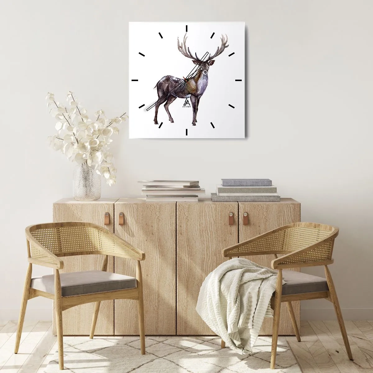 Wanduhr - Glasuhr - Aquarell-Illustration eines Hirsches mit majestätischem Geweih - 30x30cm - König des nördlichen Waldes - Moderne Wanddekoration für Wohnzimmer und Schlafzimmer ARTTOR