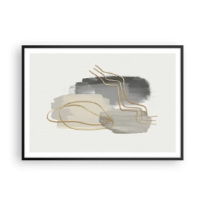 Poster in einem schwarzem Rahmen - Abstrakte goldene Linien auf grauem Hintergrund - 100x70cm - Dauer und Bewegung - Moderne Wanddekoration für Wohnzimmer und Schlafzimmer ARTTOR