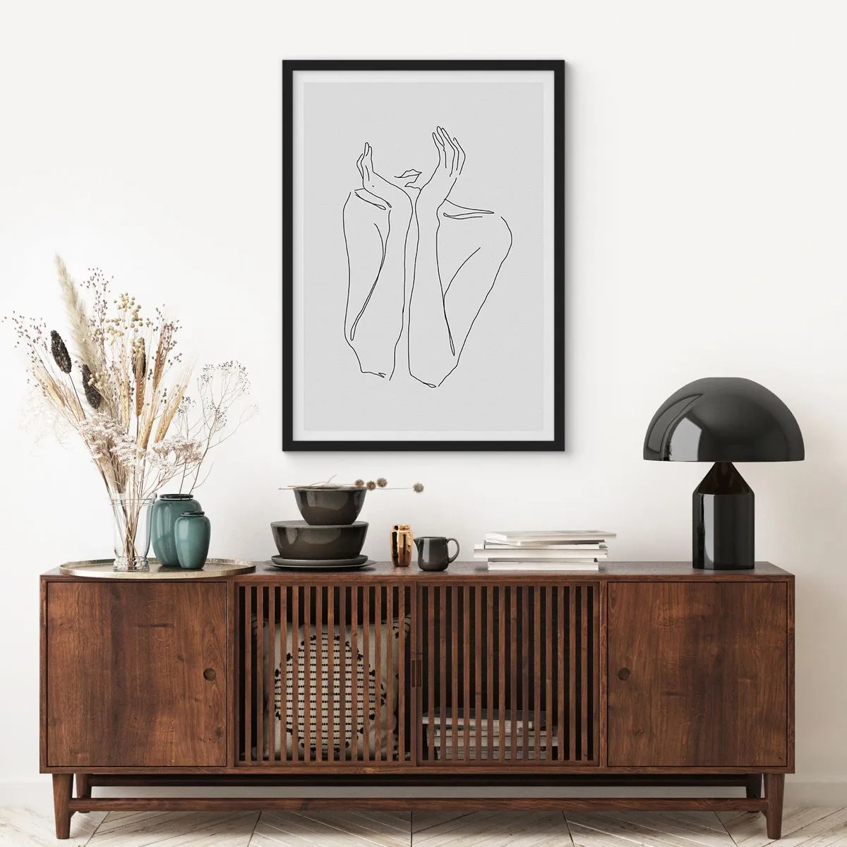 Poster in einem schwarzem Rahmen - Minimalistische Strichzeichnung von Händen - 50x70cm - Wovon Mädchen träumen - Moderne Wanddekoration für Wohnzimmer und Schlafzimmer ARTTOR