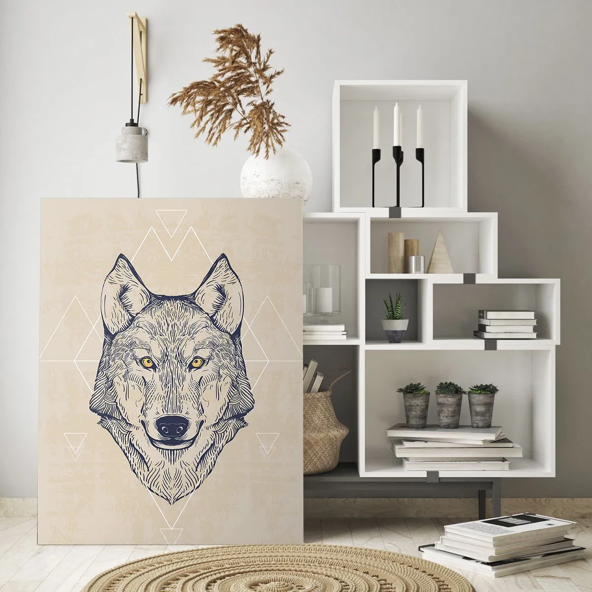 Glasbild - Bild auf glas - Ein geometrischer Wolf auf hellem Hintergrund mit minimalistischen Mustern. - 70x100cm - Ein Alpha mit durchdringendem Blick - Moderne Wanddekoration für Wohnzimmer und Schlafzimmer ARTTOR