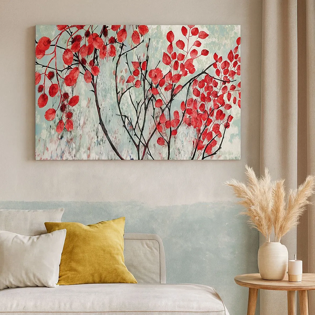 Bild auf Leinwand - Leinwandbild - Rote Blätter vor einem hellen Himmel mit abstrakten Mustern - 70x50cm - Baum in Scharlachrot - Moderne Wanddekoration für Wohnzimmer und Schlafzimmer ARTTOR