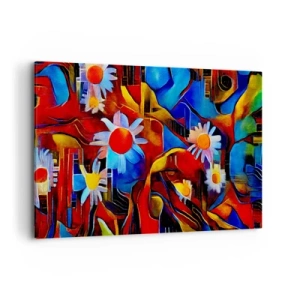 Bild auf Leinwand - Leinwandbild - Abstrakte Blumen vor einem Hintergrund aus geometrischen Mustern - 120x80cm - Die Farben des Lebens - Moderne Wanddekoration für Wohnzimmer und Schlafzimmer ARTTOR