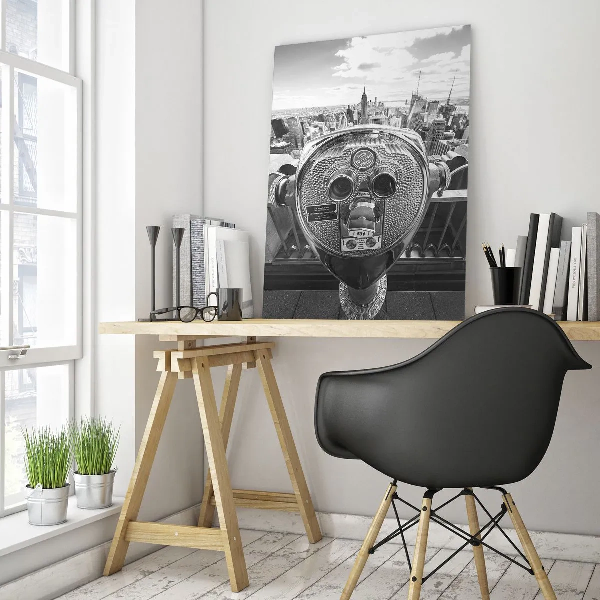 Glasbild - Bild auf glas - Monochromer Blick durch das Teleskop auf das Stadtpanorama - 80x120cm - Stadt über den Städten - Moderne Wanddekoration für Wohnzimmer und Schlafzimmer ARTTOR