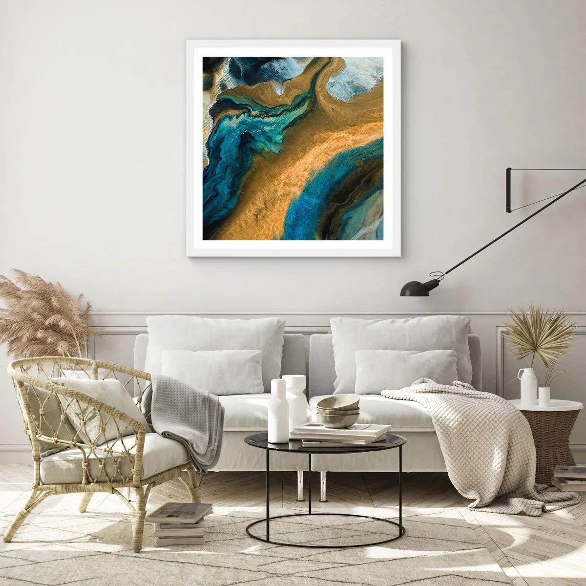 Poster in einem weißen Rahmen - Blau - Gelb - gegenseitige Beeinflussung - 30x30 cm