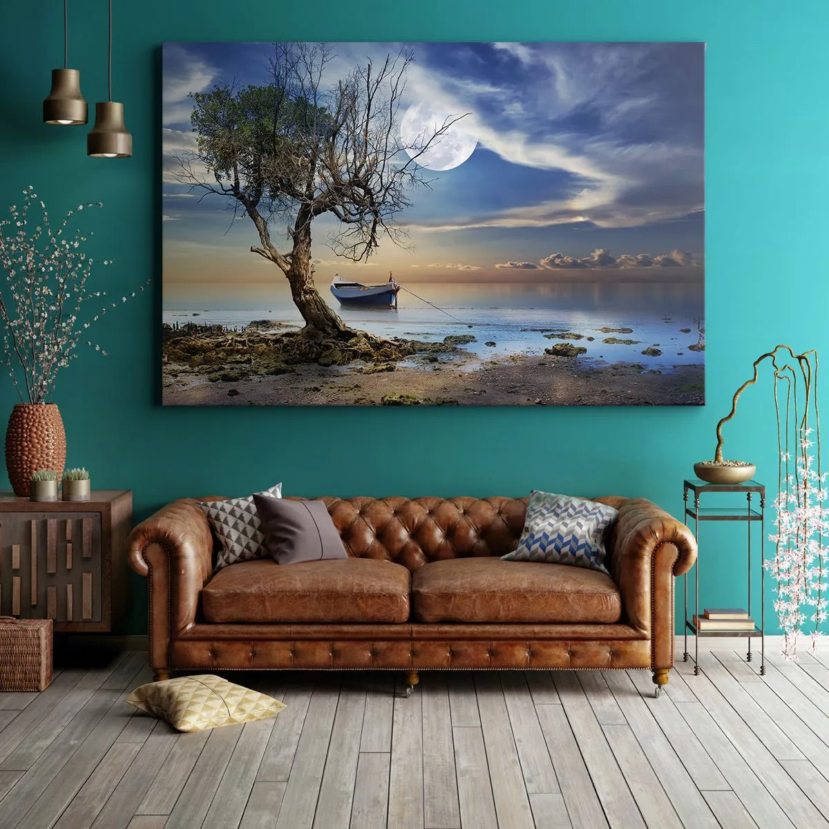 Bild auf Leinwand - Leinwandbild - Ein einsamer Baum und ein Boot auf ruhigem Wasser unter Vollmond. - 70x50cm - Ist das das Ende oder der Anfang? - Moderne Wanddekoration für Wohnzimmer und Schlafzimmer ARTTOR