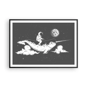 Poster in einem schwarzem Rahmen - Ein Astronaut auf dem Rücken eines Narwals, der in einer Weltraumszene schwimmt. - 100x70cm - Weltraumreiter - Moderne Wanddekoration für Wohnzimmer und Schlafzimmer ARTTOR