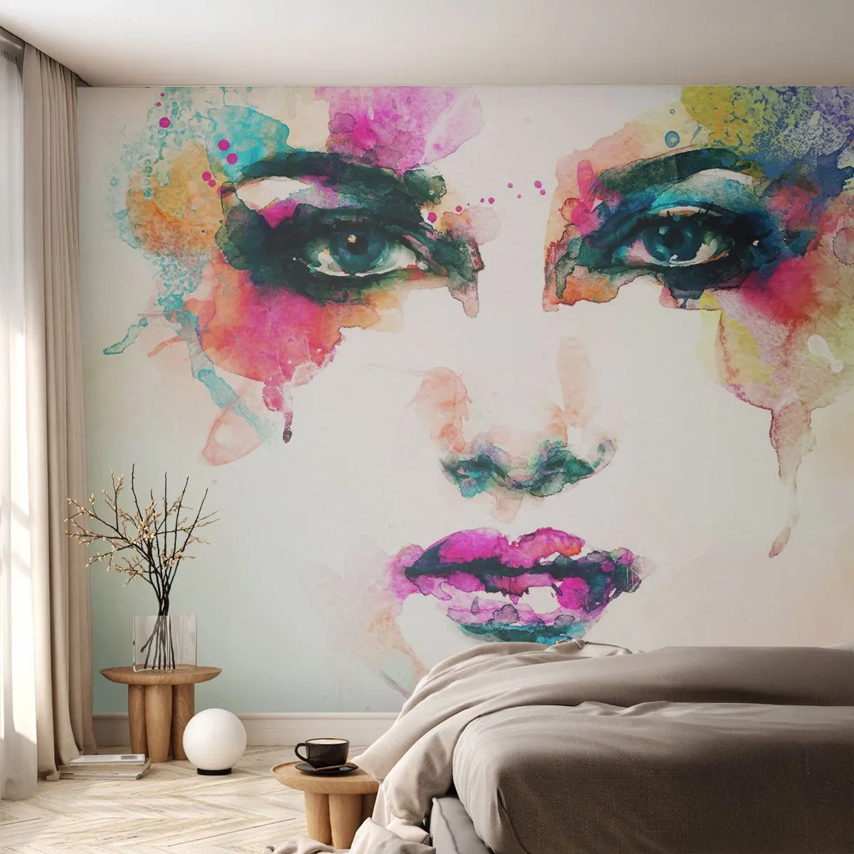Fototapete Premium Sand - Farbenfrohes Porträt einer Frau im Aquarellstil - 100x70cm - Ein mit einem Regenbogen gemaltes Porträt - Moderne Wanddekoration für Wohnzimmer und Schlafzimmer ARTTOR