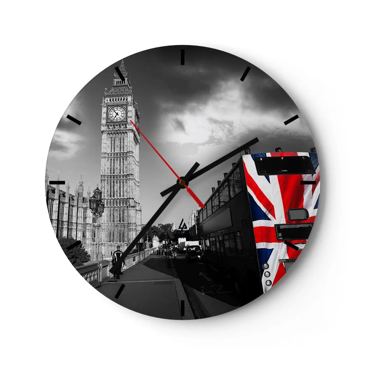 Wanduhr - Glasuhr - Big Ben und ein Bus mit britischem Flaggenmotiv - 30x30cm - Stolz und toll - Moderne Wanddekoration für Wohnzimmer, Küche und Schlafzimmer ARTTOR