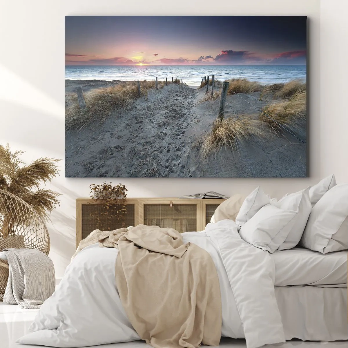 Bild auf Leinwand - Leinwandbild - Weg zum Strand bei Sonnenuntergang - 70x50cm - Du hast einen Regenbogen aus strahlendem Licht verschüttet ... - Moderne Wanddekoration für Wohnzimmer und Schlafzimmer ARTTOR