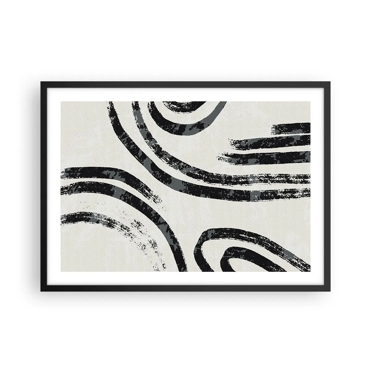 Poster in einem schwarzem Rahmen - Schwarz-weiße abstrakte Linien auf hellem Hintergrund - 70x50cm - Bei Hälfte angehalten - Moderne Wanddekoration für Wohnzimmer und Schlafzimmer ARTTOR