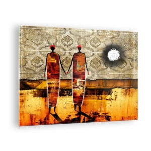 Glasbild - Bild auf glas - Zwei abstrakte Figuren vor einem Hintergrund aus Ornamenten und goldenen Farbtönen - 70x50cm - Ethnische Zusammensetzung in den Farben Afrikas - Moderne Wanddekoration für Wohnzimmer und Schlafzimmer ARTTOR