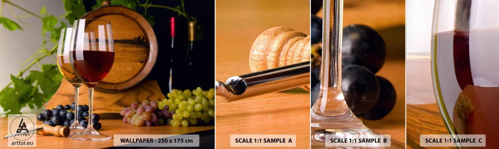 Fototapetenmuster Standard Eco - Wie die alten Meister - Weinfass, Traube, Ein Glas Wein - 100x30 cm