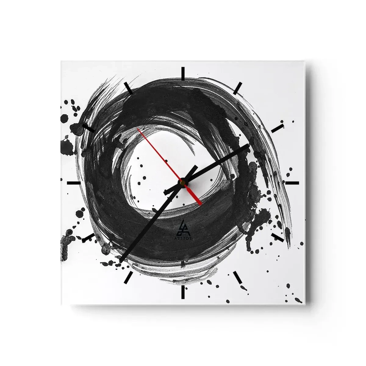 Wanduhr - Glasuhr - Schwarze Abstraktion in Form eines Kreises auf weißem Hintergrund - 30x30cm - Der Wirbel der Schöpfung - Moderne Wanddekoration für Wohnzimmer und Schlafzimmer ARTTOR