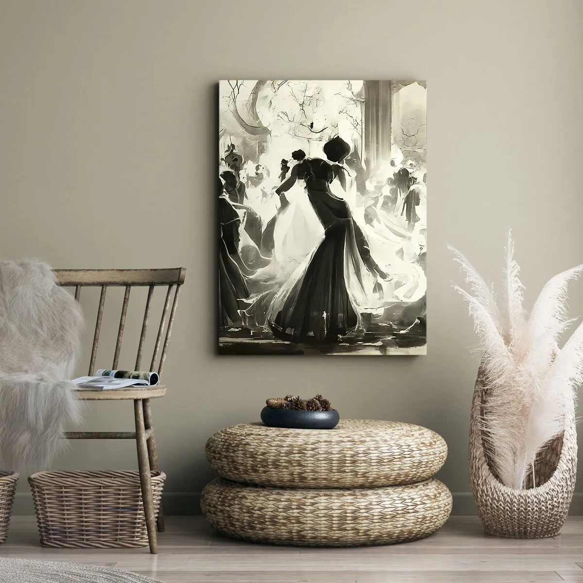 Bild auf Leinwand - Leinwandbild - Ball im Retro-Stil in Schwarz und Weiß - 50x70cm - Die große Maskerade - Moderne Wanddekoration für Wohnzimmer und Schlafzimmer ARTTOR