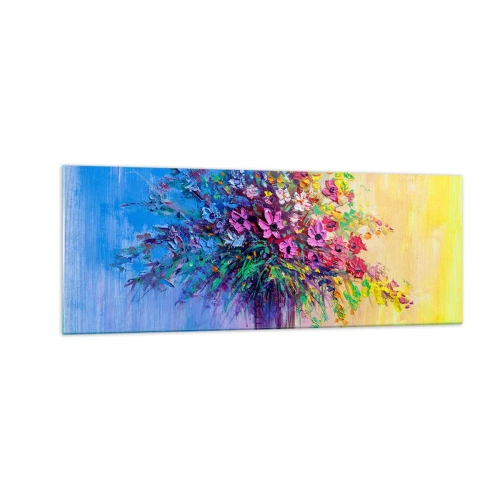 Glasbild - Bild auf glas - Ein bunter Blumenstrauß in einer Vase vor einem Hintergrund mit Farbverlauf - 140x50cm - Sommergeschenk der Wiese - Moderne Wanddekoration für Wohnzimmer und Schlafzimmer ARTTOR