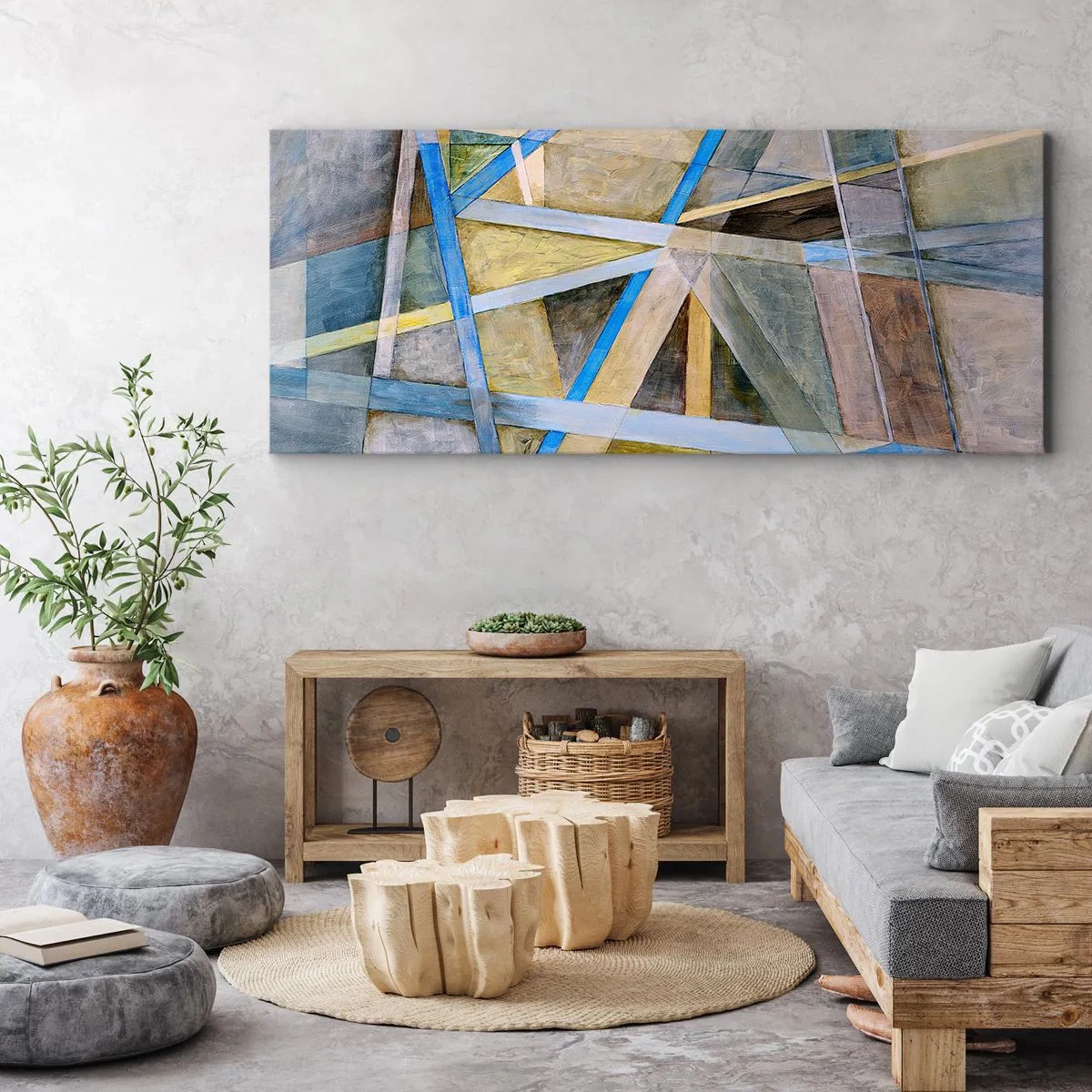 Bild auf Leinwand - Leinwandbild - Geometrische Komposition mit hellen und blauen Linien - 120x50cm - Gerade oder diagonal? - Moderne Wanddekoration für Wohnzimmer und Schlafzimmer ARTTOR
