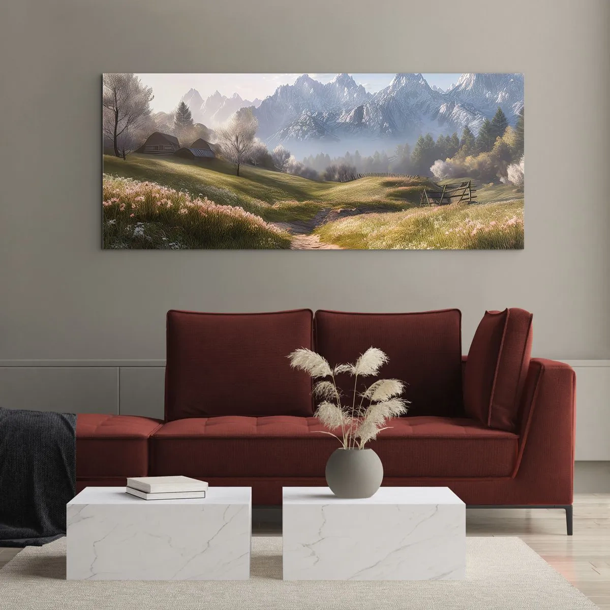 Glasbild - Bild auf glas - Ein Bergtal mit Wiesen, Hütten und Blick auf die Gipfel - 120x50cm - Idyllisches Tal - Moderne Wanddekoration für Wohnzimmer und Schlafzimmer ARTTOR