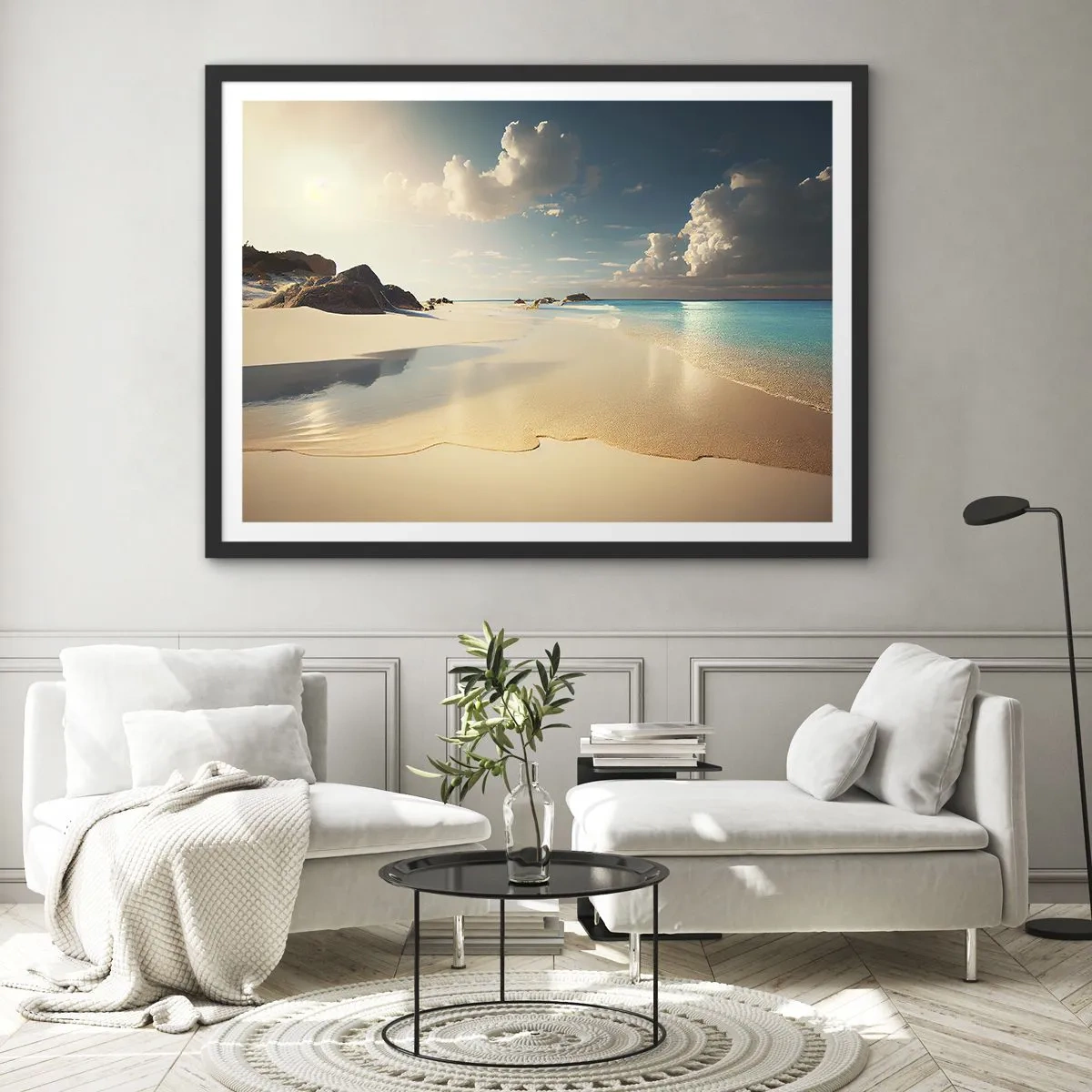 Poster in einem schwarzem Rahmen - Ein sonniger Strand mit blauem Meer und Felsen - 70x50cm - Erträumter Tag - Moderne Wanddekoration für Wohnzimmer und Schlafzimmer ARTTOR