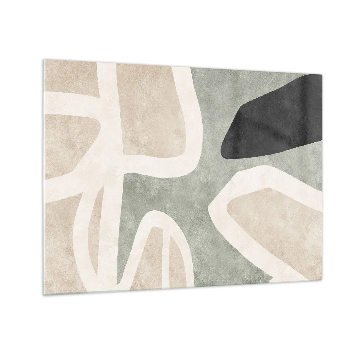 Glasbild - Bild auf glas - Abstrakte Formen in Beige und Grün mit einem Hauch von Schwarz - 70x50cm - Komposition mit schwarzem Motiv - Moderne Wanddekoration für Wohnzimmer und Schlafzimmer ARTTOR