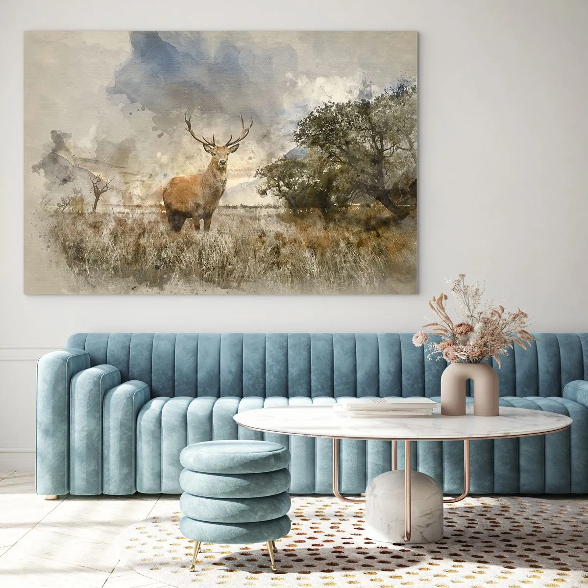 Glasbild - Bild auf glas - Ein Hirsch in einer natürlichen Landschaft mit dezenten Farben im Hintergrund - 120x80cm - Würde – Stärke – Würde - Moderne Wanddekoration für Wohnzimmer und Schlafzimmer ARTTOR