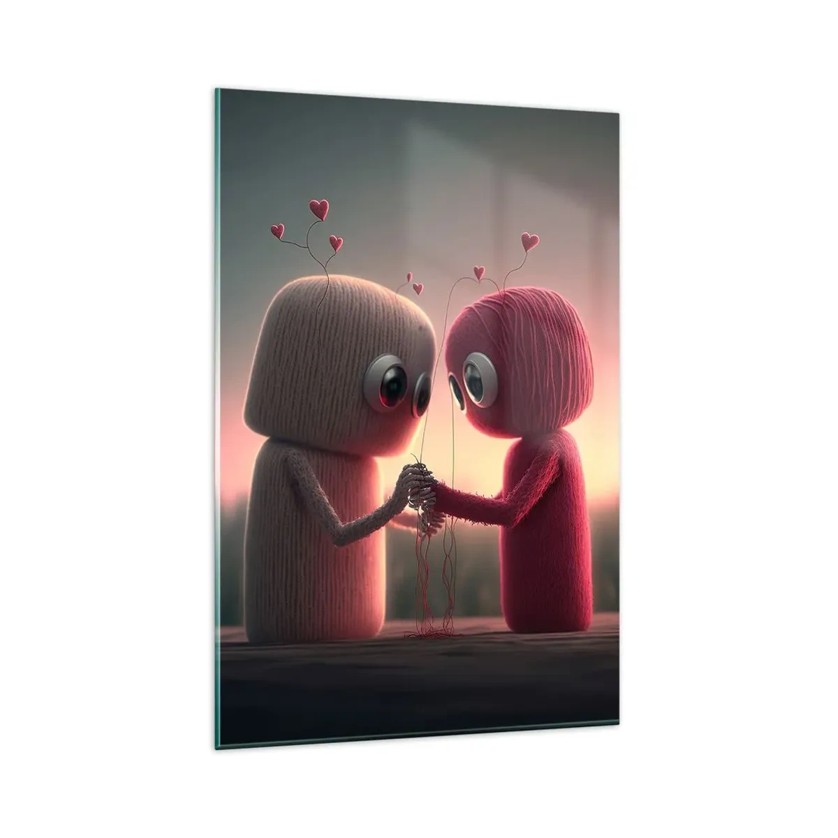 Glasbild - Bild auf glas - Garnfiguren in einer bezaubernden Umgebung mit Herzmotiven - 80x120cm - Jeder darf lieben - Moderne Wanddekoration für Wohnzimmer und Schlafzimmer ARTTOR