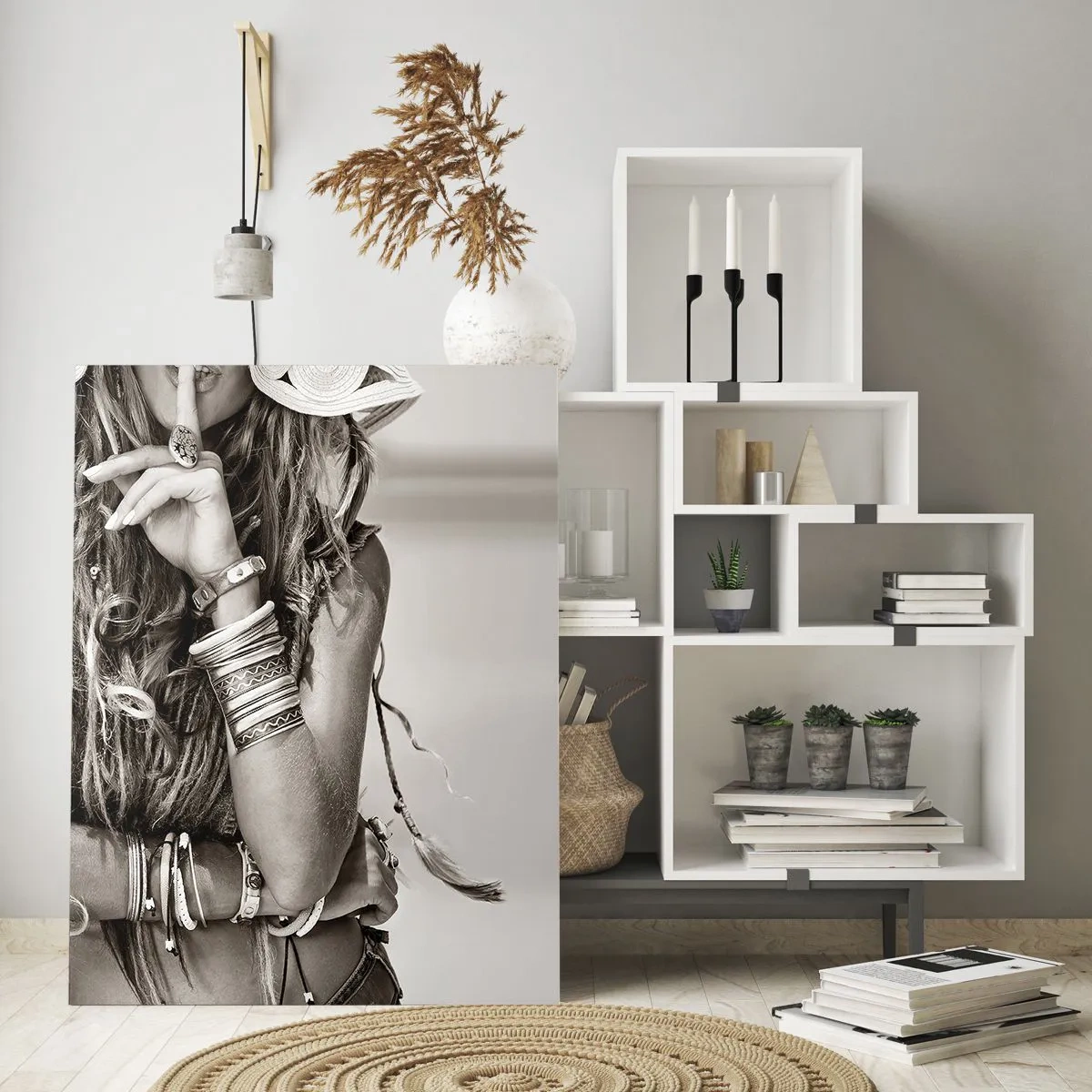 Glasbild - Bild auf glas - Porträt einer Boho-Frau mit Schmuck - 70x100cm - Wieso ein Mädchen - Moderne Wanddekoration für Wohnzimmer und Schlafzimmer ARTTOR