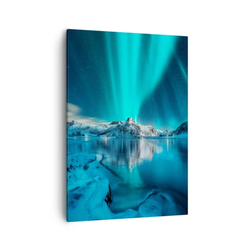 Bild auf Leinwand - Leinwandbild - Aurora Borealis über schneebedeckten Bergen und einem See - 50x70cm - Lichtnacht - Moderne Wanddekoration für Wohnzimmer und Schlafzimmer ARTTOR