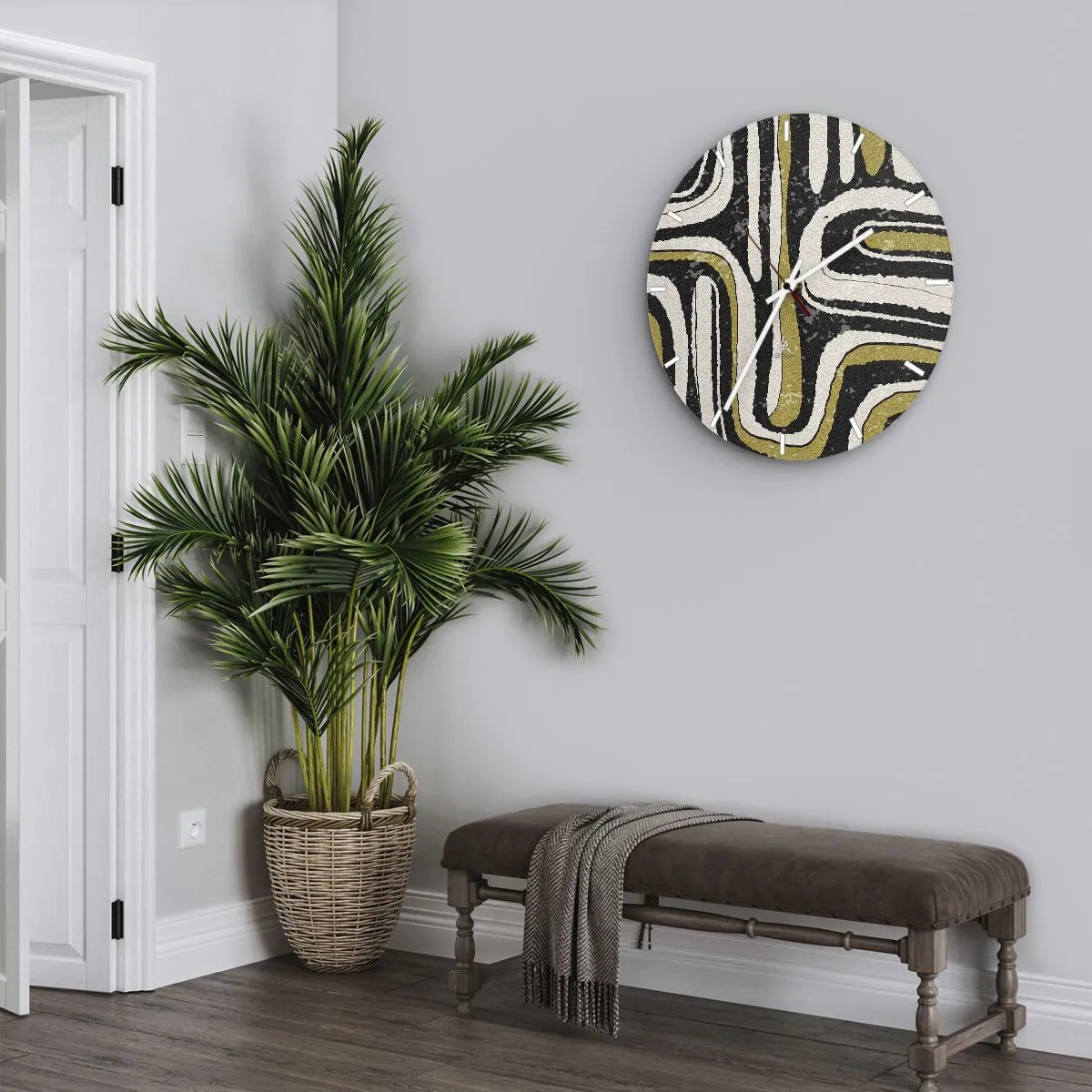 Wanduhr - Glasuhr - Geometrische Streifen in Beige-, Schwarz- und Olivtönen - 30x30cm - Komposition: Straßen und Gassen - Moderne Wanddekoration für Wohnzimmer, Küche und Schlafzimmer ARTTOR