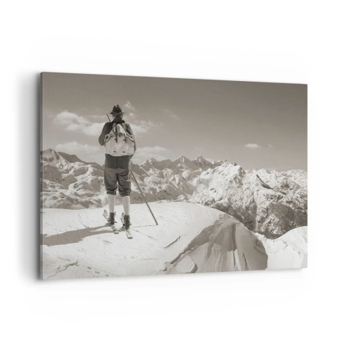 Bild auf Leinwand - Leinwandbild - Ein Skifahrer auf einem Berggipfel in Schwarz und Weiß - 120x80cm - Und die Berge bleiben unverändert - Moderne Wanddekoration für Wohnzimmer und Schlafzimmer ARTTOR