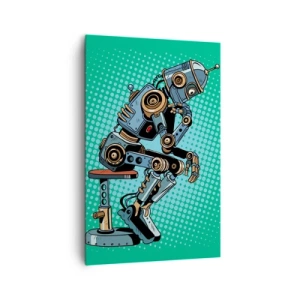Bild auf Leinwand - Leinwandbild - Denkerroboter im Pop-Art-Stil auf grünem Hintergrund - 80x120cm - Über der Essenz des Seins - Moderne Wanddekoration für Wohnzimmer und Schlafzimmer ARTTOR