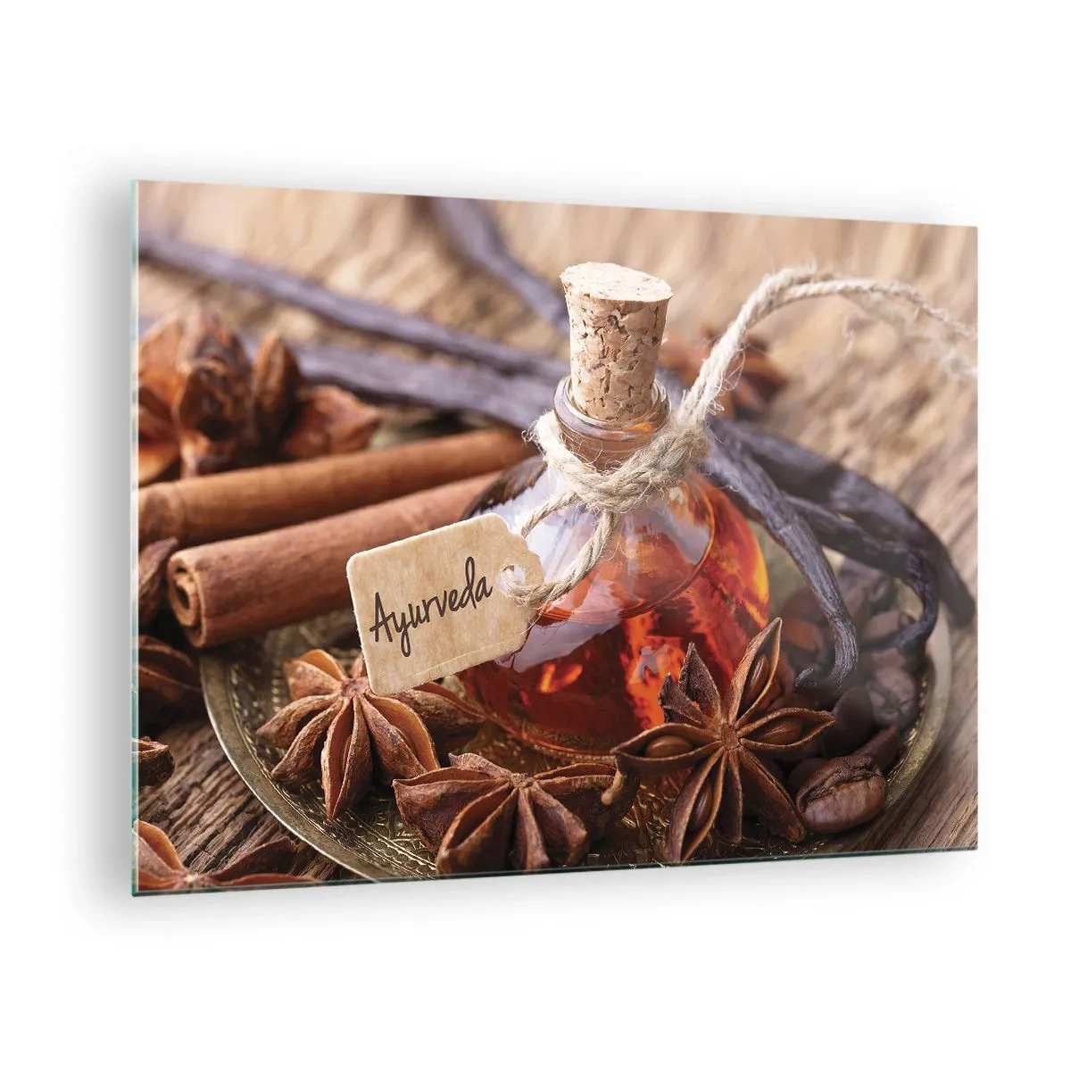 Glasbild - Bild auf glas - Öl- und Gewürzflasche im ayurvedischen Stil - 70x50cm - Zur Einheit von Körper und Geist - Moderne Wanddekoration für Wohnzimmer und Schlafzimmer ARTTOR