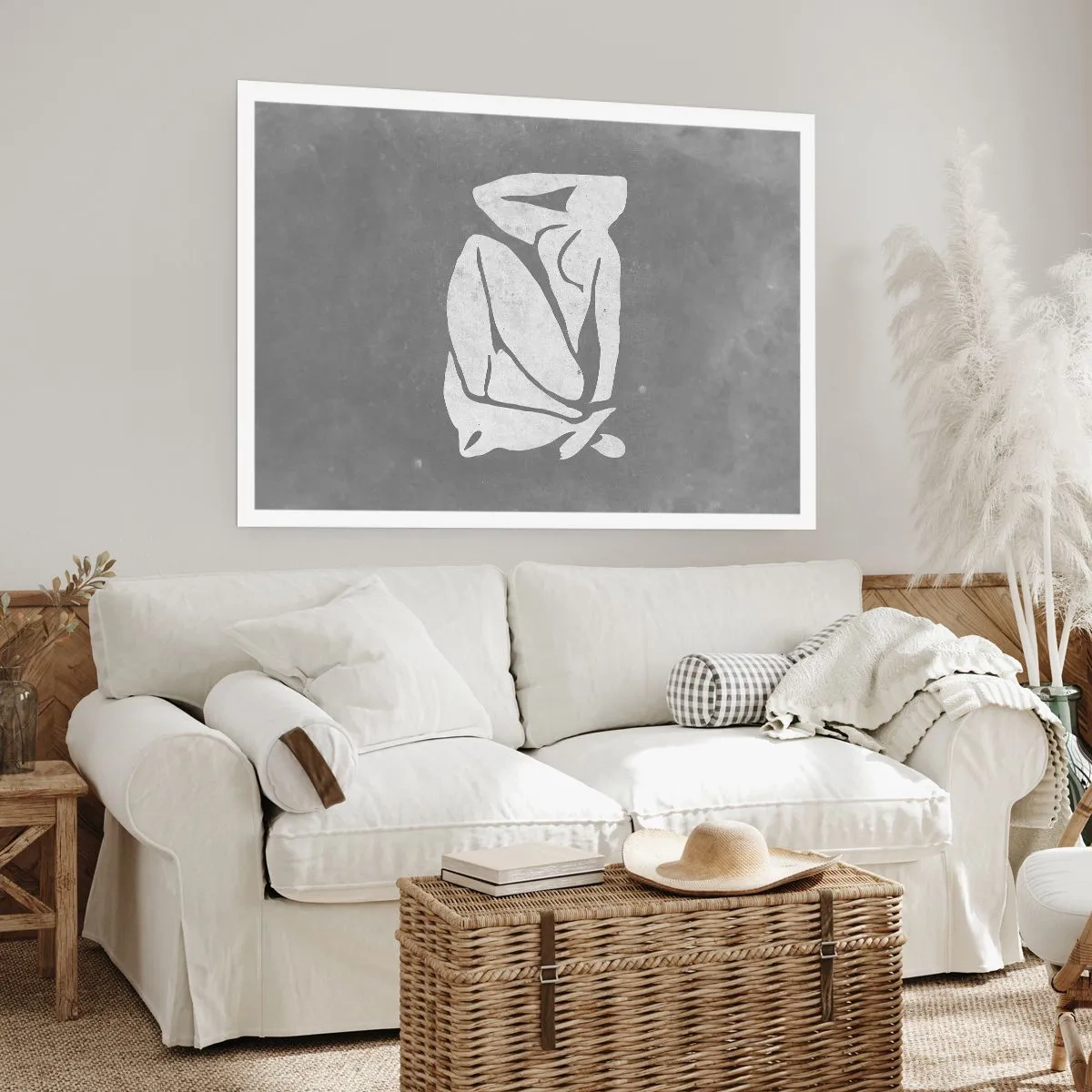 Poster - Eine minimalistische Silhouettenzeichnung auf grauem Hintergrund - 100x70cm - In Gedanken versunken - Moderne Wanddekoration für Wohnzimmer und Schlafzimmer ARTTOR