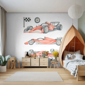 Fototapete Premium Sand - Ein roter Rennwagen in verschiedenen Aufnahmen auf weißem Hintergrund - 100x70cm - Dem Traum folgen - Moderne Wanddekoration für Wohnzimmer und Schlafzimmer ARTTOR