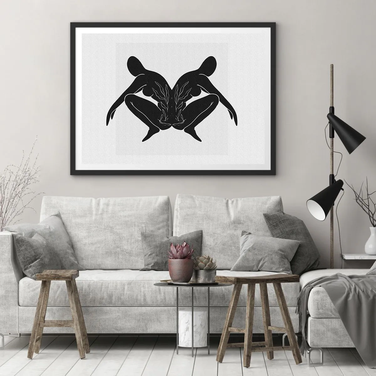Poster in einem schwarzem Rahmen - Schwarze Silhouetten in symmetrischer Position auf weißem Hintergrund - 70x50cm - Gemeinsame Seele - Moderne Wanddekoration für Wohnzimmer und Schlafzimmer ARTTOR