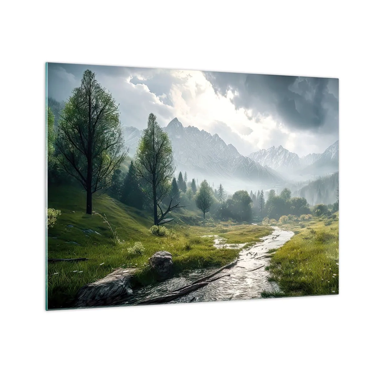 Glasbild - Bild auf glas - Eine Berglandschaft mit einem Bach und einem grünen Tal am Morgen - 70x50cm - Hin und zurück - Moderne Wanddekoration für Wohnzimmer und Schlafzimmer ARTTOR