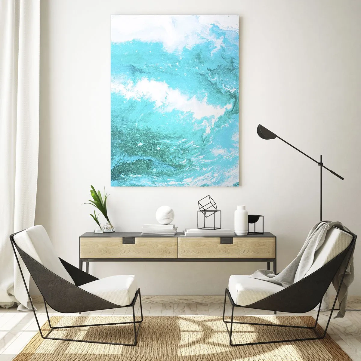 Glasbild - Bild auf glas - Eine abstrakte Komposition mit türkisfarbenen Wellen und Wirbeln. - 50x70cm - Im Kern des Elements - Moderne Wanddekoration für Wohnzimmer und Schlafzimmer ARTTOR