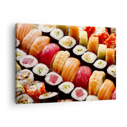 Bild auf Leinwand - Leinwandbild - Buntes Sushi in Reihen angeordnet mit verschiedenen Toppings - 70x50cm - Farben und Aromen Asiens - Moderne Wanddekoration für Wohnzimmer und Schlafzimmer ARTTOR