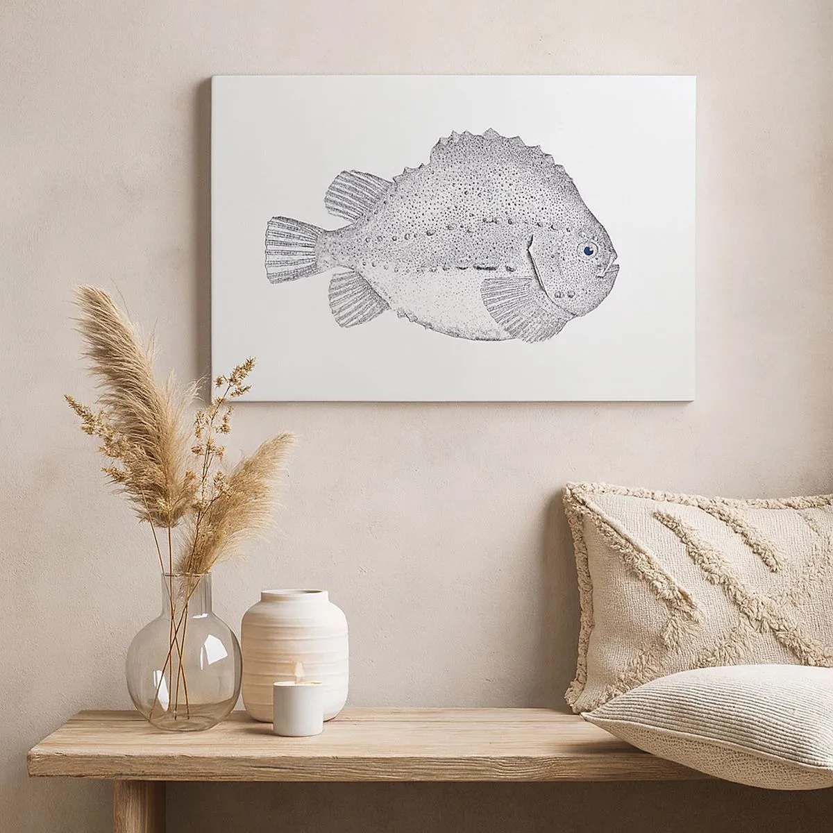 Bild auf Leinwand - Leinwandbild - Schwarz-weiße Zeichnung eines Fisches auf weißem Hintergrund im minimalistischen Stil - 70x50cm - Für das Album des Naturforschers - Moderne Wanddekoration für Wohnzimmer und Schlafzimmer ARTTOR
