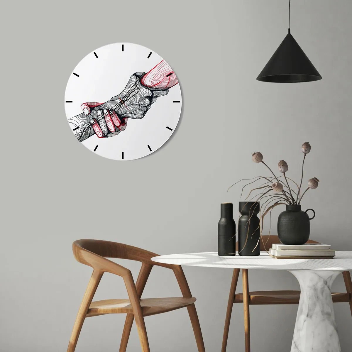 Wanduhr - Glasuhr - Künstlerische Hände beim Händedruck, schwarz-rotes Konturdesign - 30x30cm - Sie sind in guten Händen - Moderne Wanddekoration für Wohnzimmer, Küche und Schlafzimmer ARTTOR