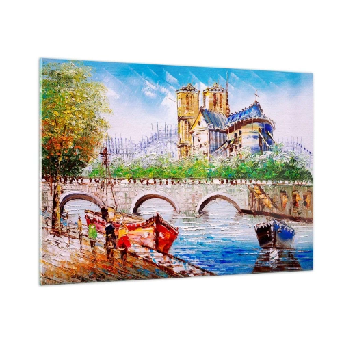 Glasbild - Bild auf glas - Brücke und Boote vor der Kulisse der historischen Kathedrale - 100x70cm - Ihre Zeit vergeht nie - Moderne Wanddekoration für Wohnzimmer und Schlafzimmer ARTTOR