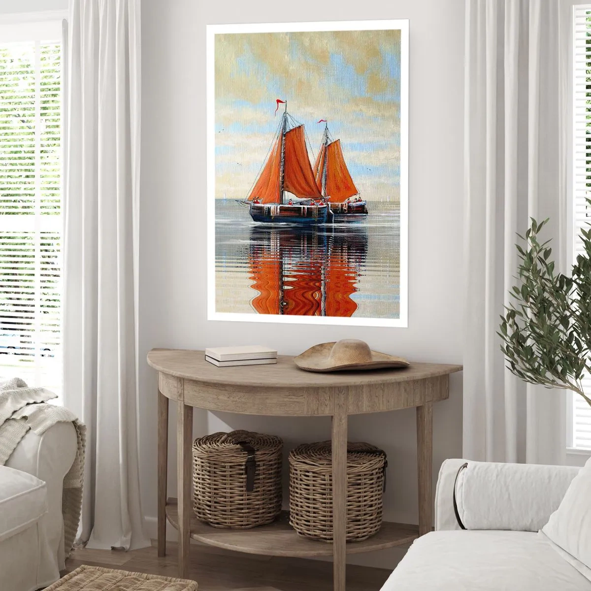 Poster - Segelboote auf ruhigem Wasser mit roten Segeln - 50x70cm - Hey, Segel, Matrose ... - Moderne Wanddekoration für Wohnzimmer und Schlafzimmer ARTTOR