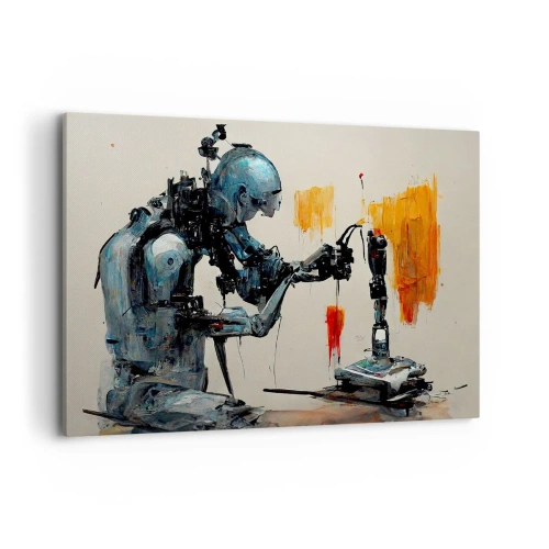 Bild auf Leinwand - Leinwandbild - Roboter bei der Arbeit mit abstraktem Hintergrund - 100x70cm - Schon morgen… - Moderne Wanddekoration für Wohnzimmer und Schlafzimmer ARTTOR