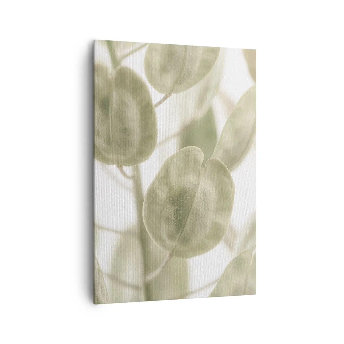 Bild auf Leinwand - Leinwandbild - Ein zartes Gemälde von Blättern in pastellfarbenen Grüntönen auf hellem Hintergrund. - 70x100cm - Am Anfang waren Blätter... - Moderne Wanddekoration für Wohnzimmer und Schlafzimmer ARTTOR