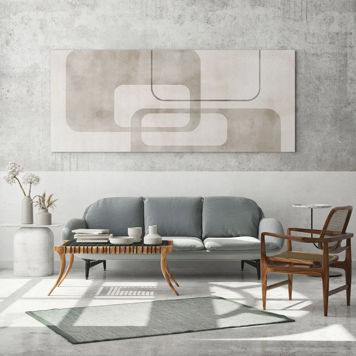 Glasbild - Bild auf glas - Eine minimalistische Komposition mit Rechtecken in Beigetönen auf dezentem Hintergrund. - 140x50cm - Geometrische Fuge - Moderne Wanddekoration für Wohnzimmer und Schlafzimmer ARTTOR