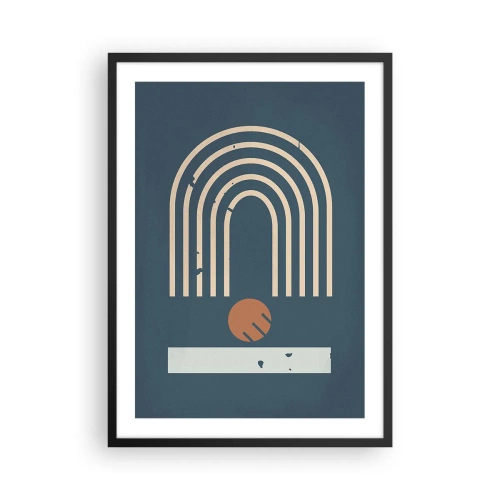 Poster in einem schwarzem Rahmen - Geometrische Bögen und eine Kugel auf dunklem Hintergrund - 50x70cm - Geometrie auf dem Granatapfel - Moderne Wanddekoration für Wohnzimmer und Schlafzimmer ARTTOR