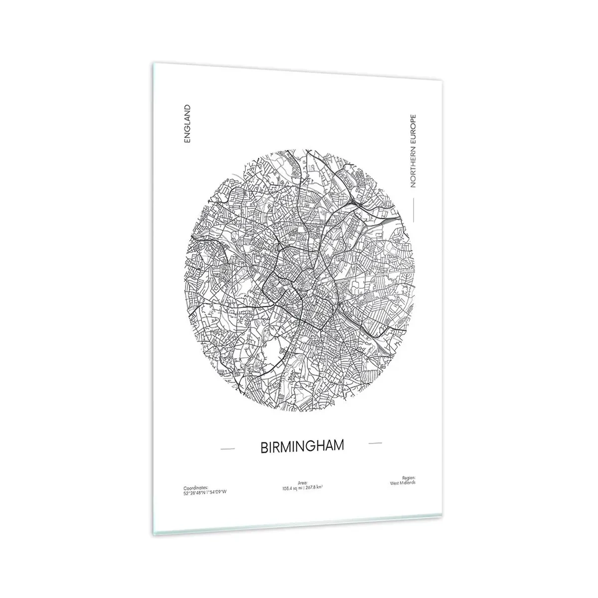 Glasbild - Bild auf glas - Eine minimalistische Schwarzweißkarte von Birmingham mit präzisen Details. - 80x120cm - Anatomie von Birmingham - Moderne Wanddekoration für Wohnzimmer und Schlafzimmer ARTTOR
