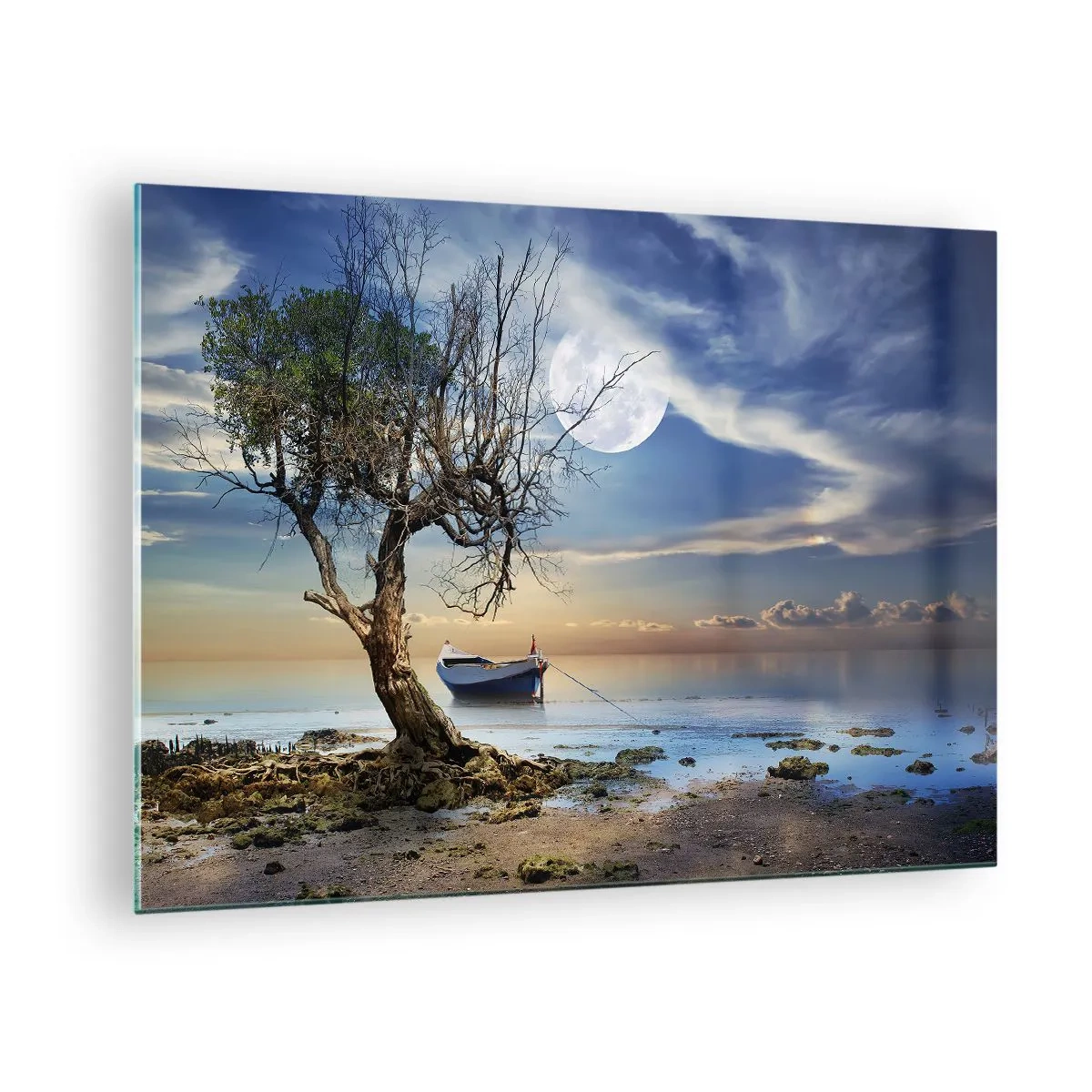Glasbild - Bild auf glas - Ein einsames Boot neben einem Baum vor dem Hintergrund des Mondes - 70x50cm - Ist das das Ende oder der Anfang? - Moderne Wanddekoration für Wohnzimmer und Schlafzimmer ARTTOR